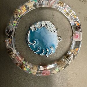 Silver and Blue Wave Pendant with Shell Bracelet (hand made resin)